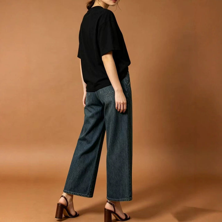 Women high waist pleated wide leg denim pants with cropped leg and decorative front pleats Mune Fashion