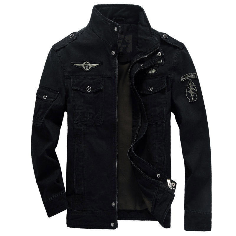 Men's canvas military jacket with stand-up collar, badge, and multifunction pockets Mune Fashion