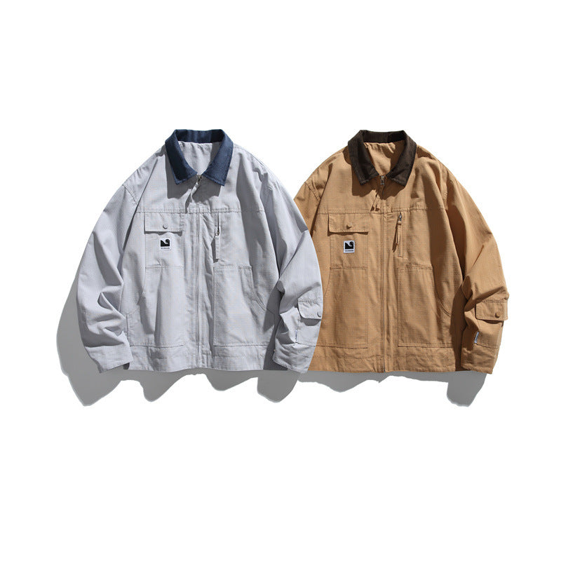 Men's Boxy Workwear Blouson Jacket with Contrast Collar and Multiple Pockets Mune Fashion