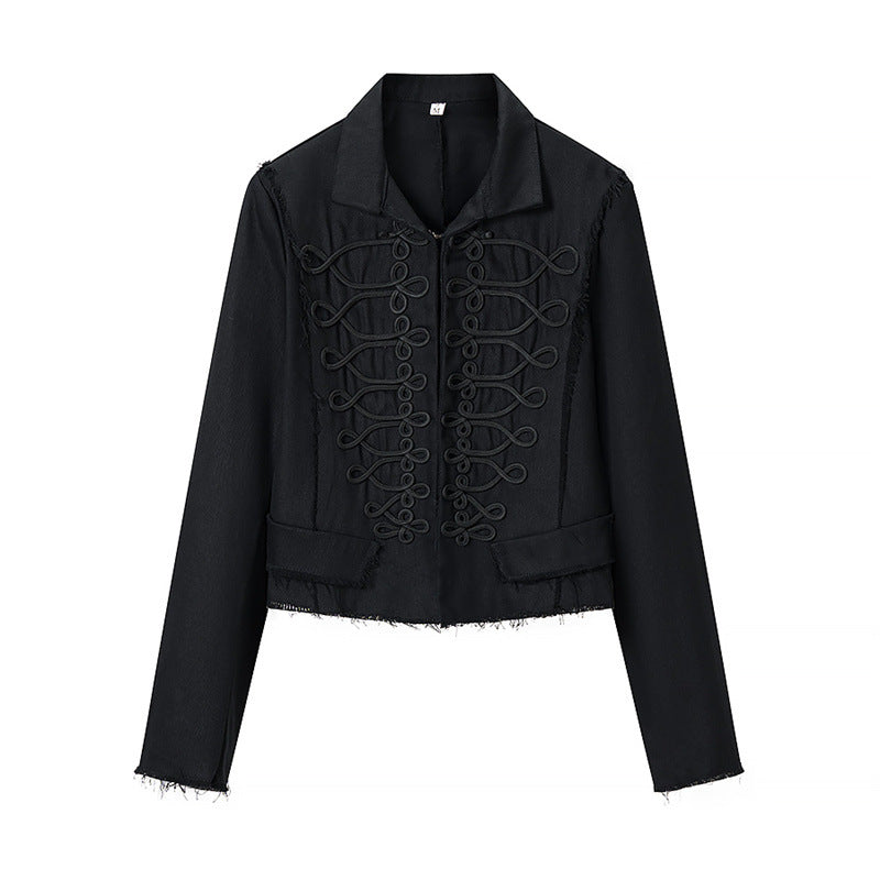 Women Cropped Military Inspired Jacket with Braid Application and Fringed Hem Mune Fashion