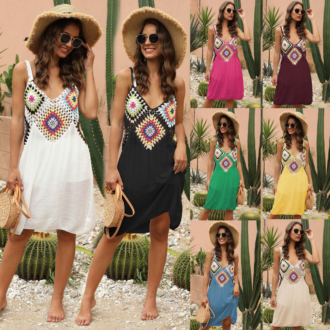 Ladies airy crochet dress with colorful appliqués Mune Fashion
