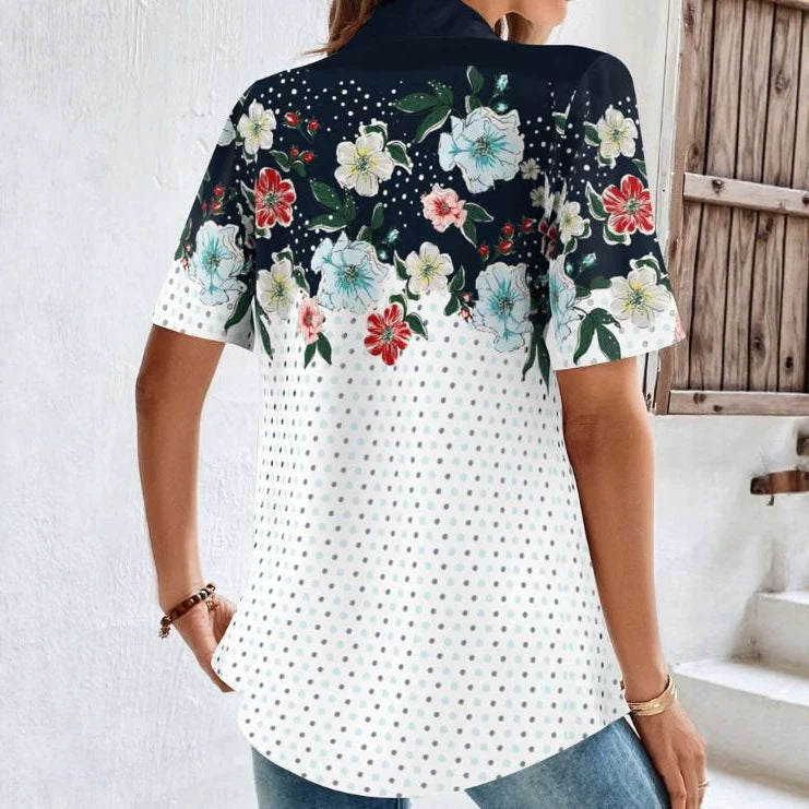 Women's Short Sleeve Polo Collar Tunic with Floral Yoke and Allover Polka Dot Print Mune Fashion