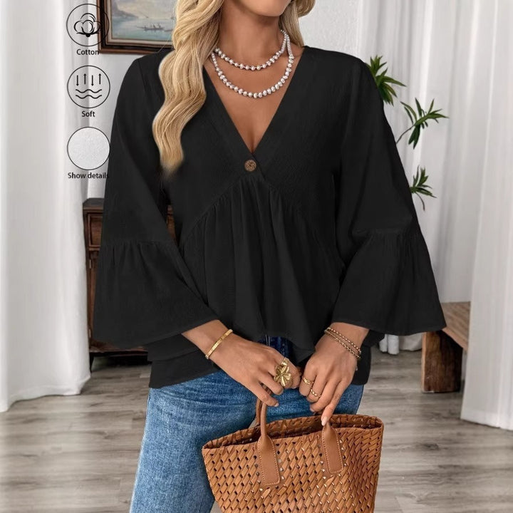 Women's elegant empire blouse with V-neck, gathered bust seam and bell sleeves Mune Fashion