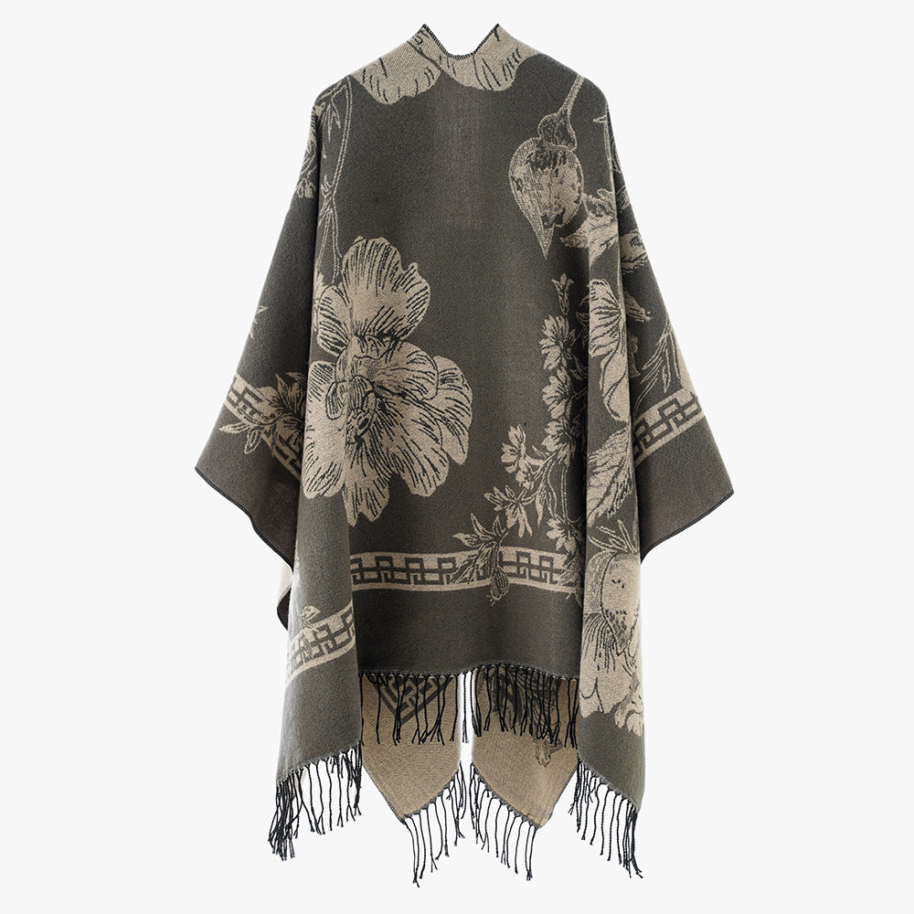 Women's lightweight jacquard poncho with floral all-over pattern, asymmetrical pointed hem and fringes