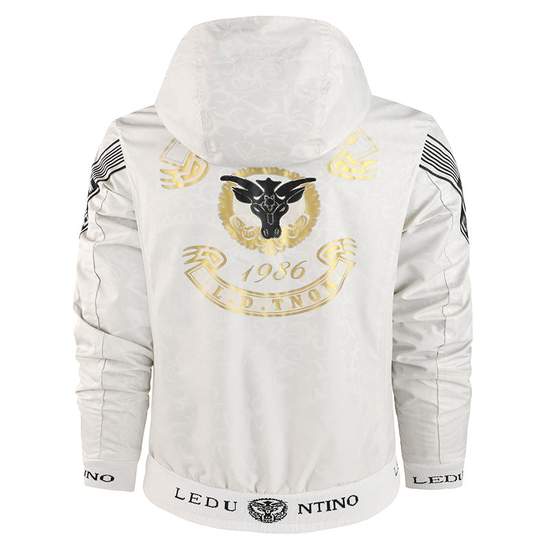 Men's lightweight hooded jacket with striped lining, logo sleeve print, and elastic hem.