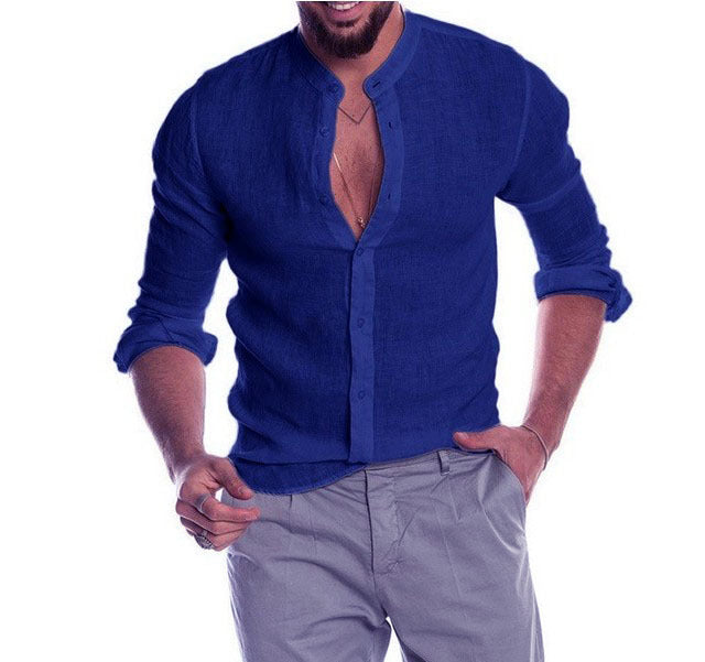 Men's linen shirt with stand-up collar, continuous button placket, and casual slim-fit cut Mune Fashion
