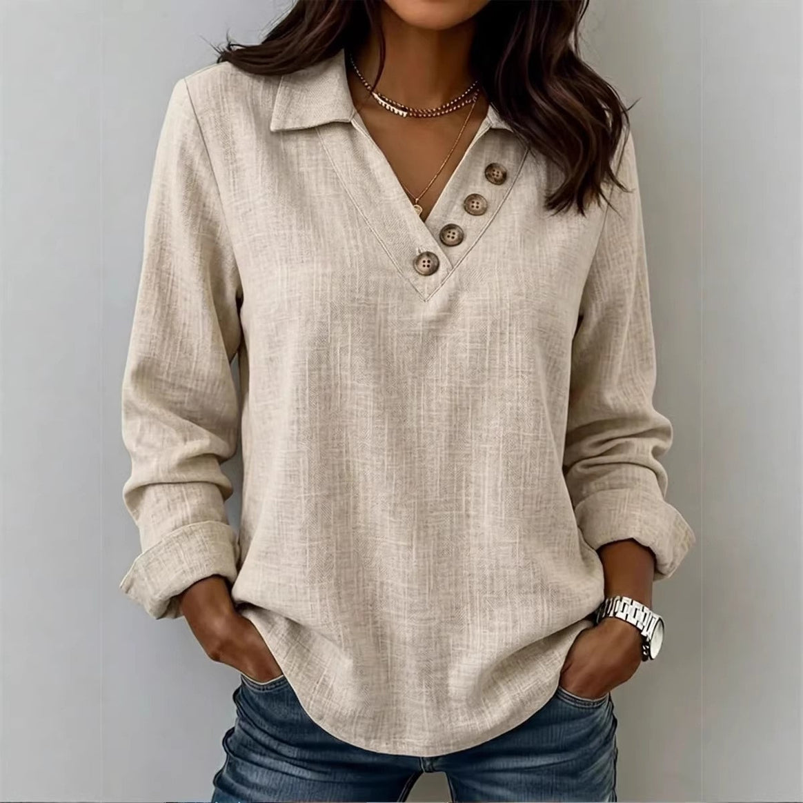 Women's Casual V Neck Blouse Shirt with Shirt Collar and Asymmetrical Decorative Button Placket Mune Fashion