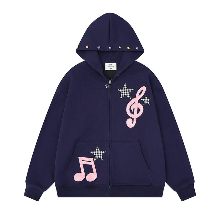 Women's hooded sweat jacket with creative music appliqués, checkered stars and zipper charm Mune Fashion