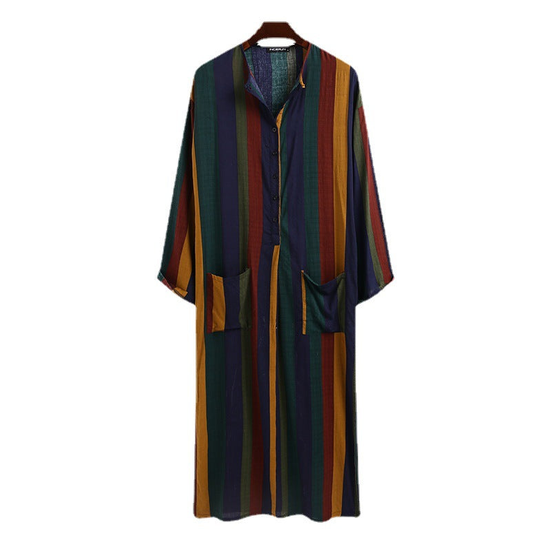 Women’s loose maxi linen dress with full button placket, round neckline, and patch pockets Mune Fashion