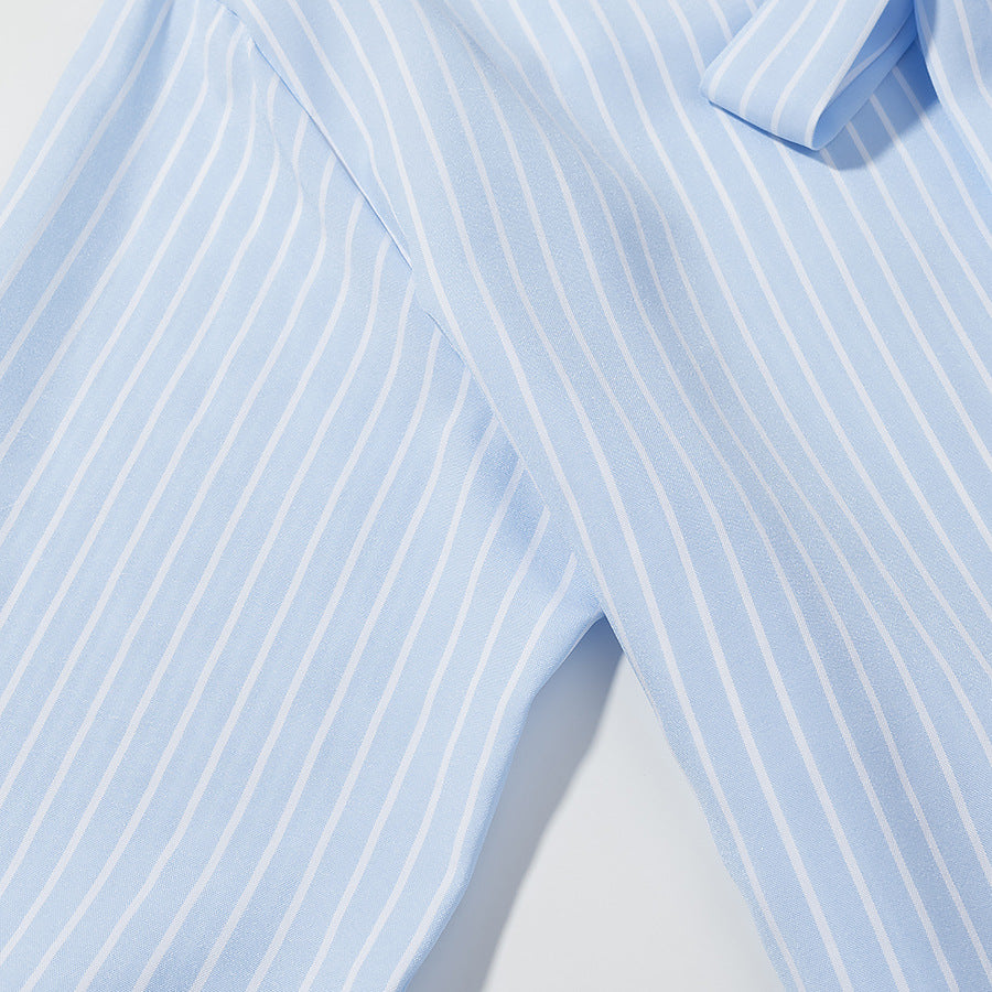 Women Striped Blouse with Bow Collar and Full Button Placket Mune Fashion