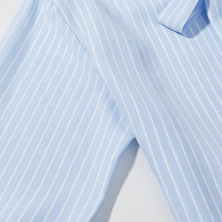 Women Striped Blouse with Bow Collar and Full Button Placket Mune Fashion