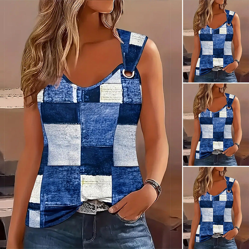 Women's Sleeveless Patchwork Top with D-Ring Straps and Slightly Asymmetrical Hem Mune Fashion