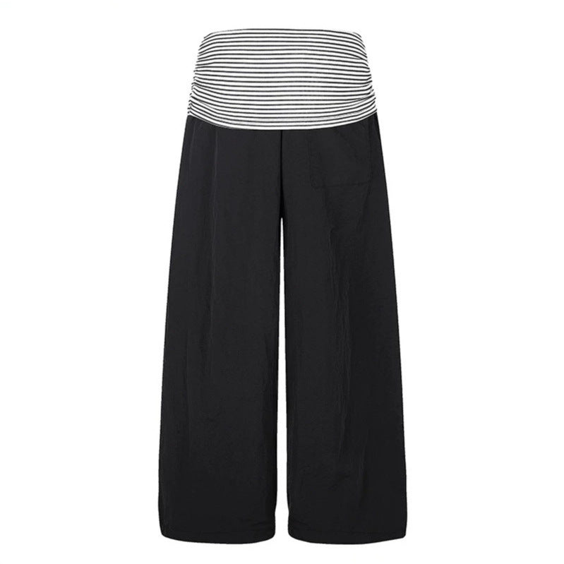 Women's Wide Palazzo Pants with High Striped Comfort Waistband and Statement Print Mune Fashion