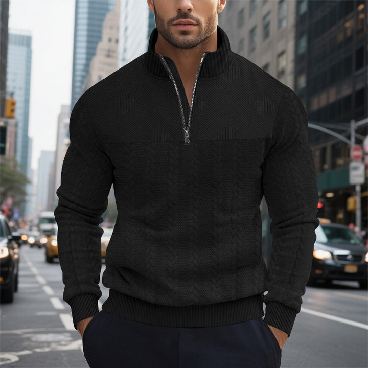 Men's cable knit half-zip pullover with stand-up collar, structured yoke and ribbed hem Mune Fashion