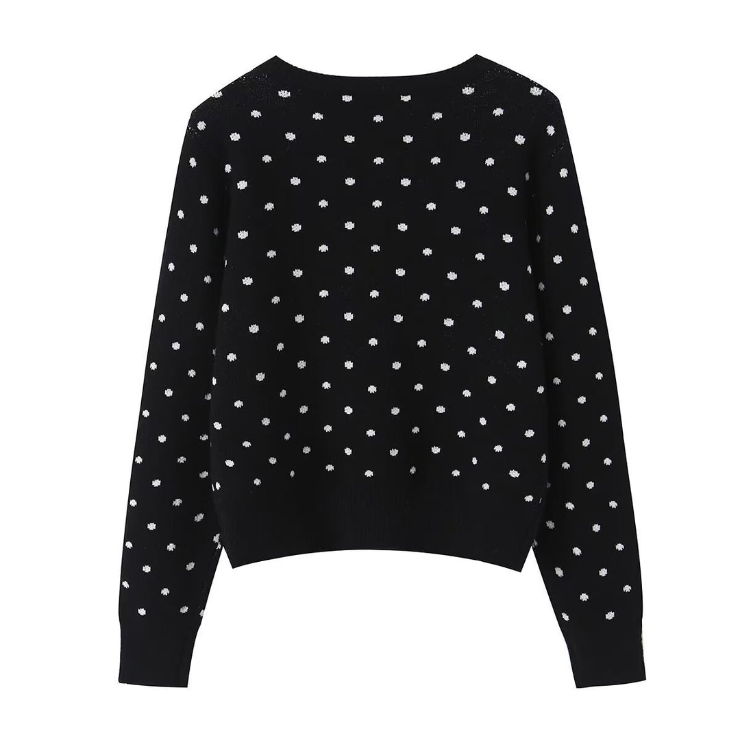 Women short cut fine knitted cardigan with round neckline, button placket and all-over polka dot pattern Mune Fashion