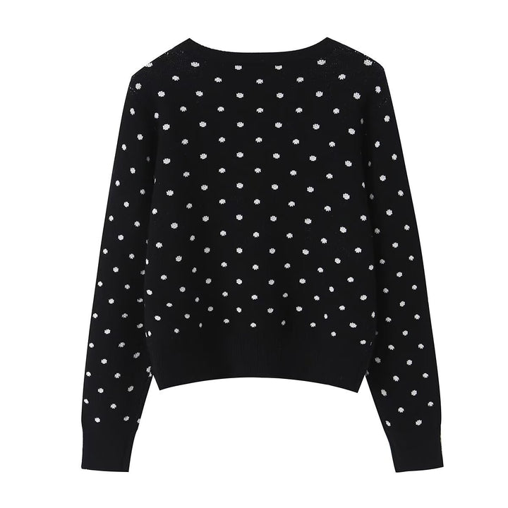 Women short cut fine knitted cardigan with round neckline, button placket and all-over polka dot pattern Mune Fashion