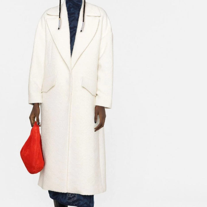 Women's Long Boucle Coat with Boxy Silhouette and Flap Pockets Mune Fashion