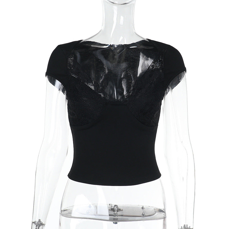 Damen Figurbetontes Crop-Top mit integrierter Bügel-BH und Spitzeneinsatz Mune Fashion