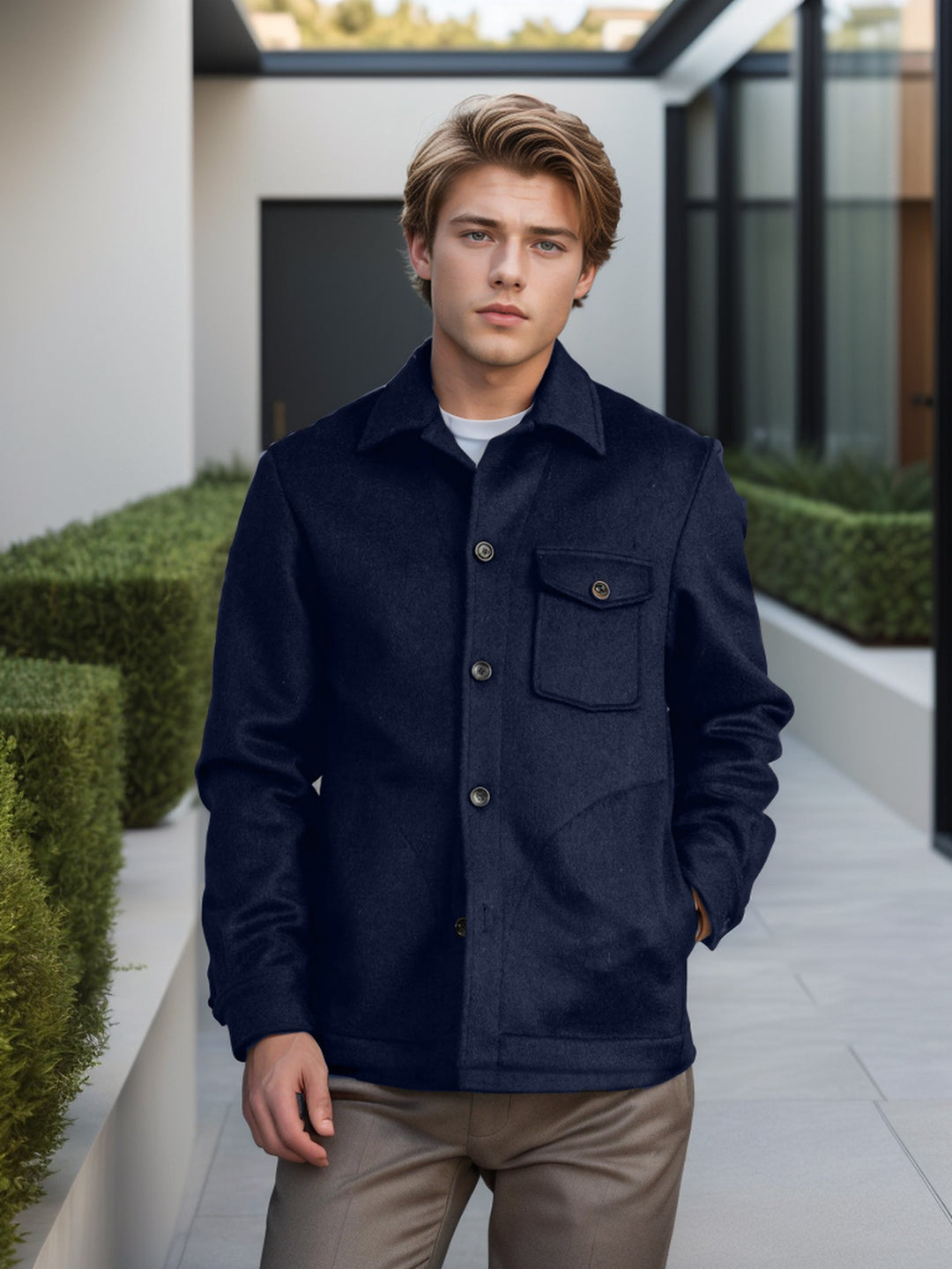 Men's wool blend work jacket with chest pocket and shirt collar Mune Fashion