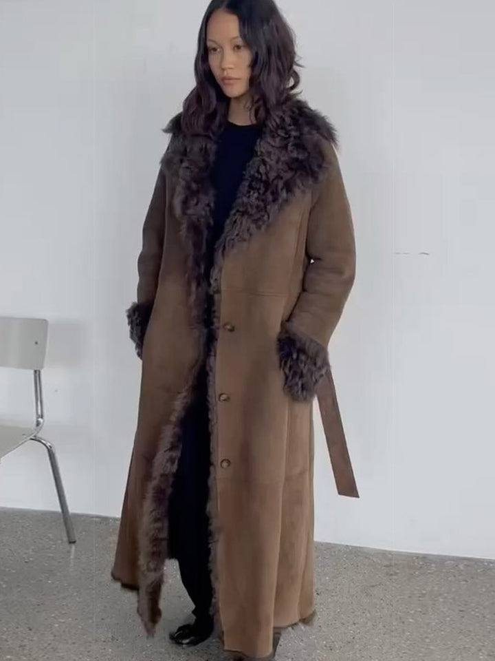 Women's Maxi-Length Faux Velvet Coat in Shearling Style with Shawl Collar and Button Placket Mune Fashion