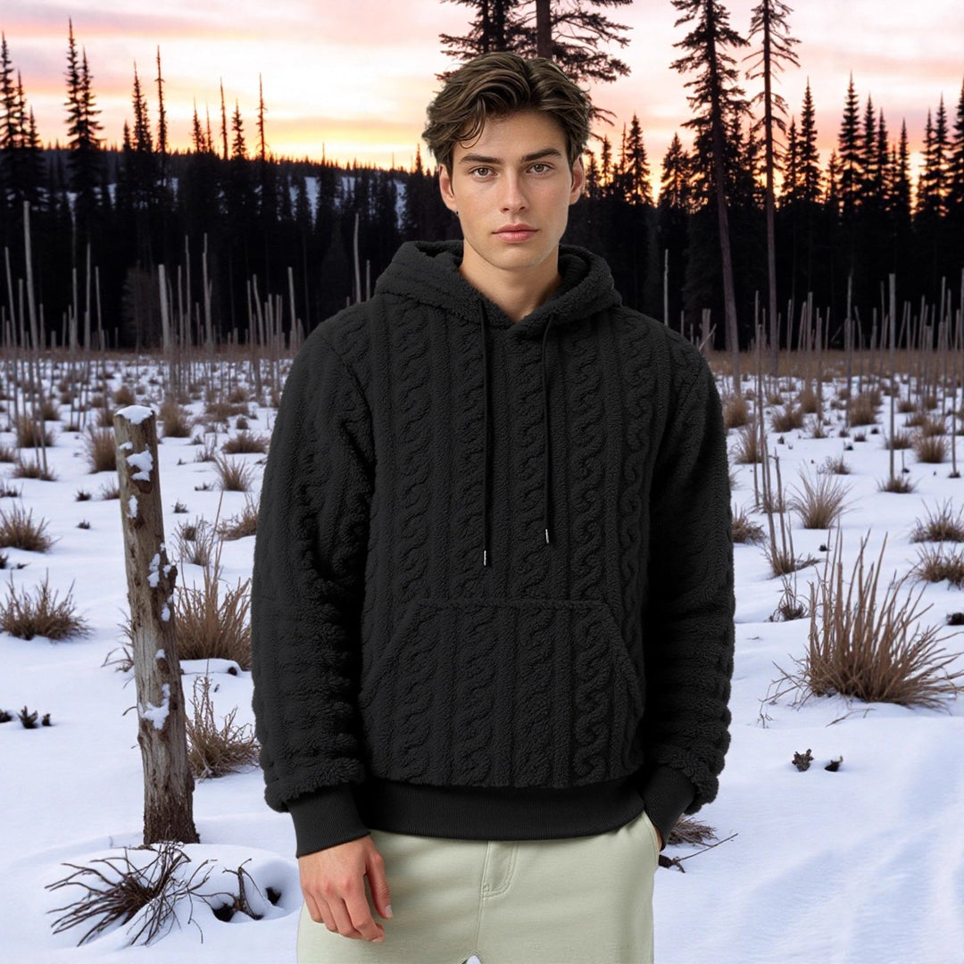 Men's fluffy sherpa hoodie with cable knit pattern, kangaroo pocket and ribbed cuffs Mune Fashion