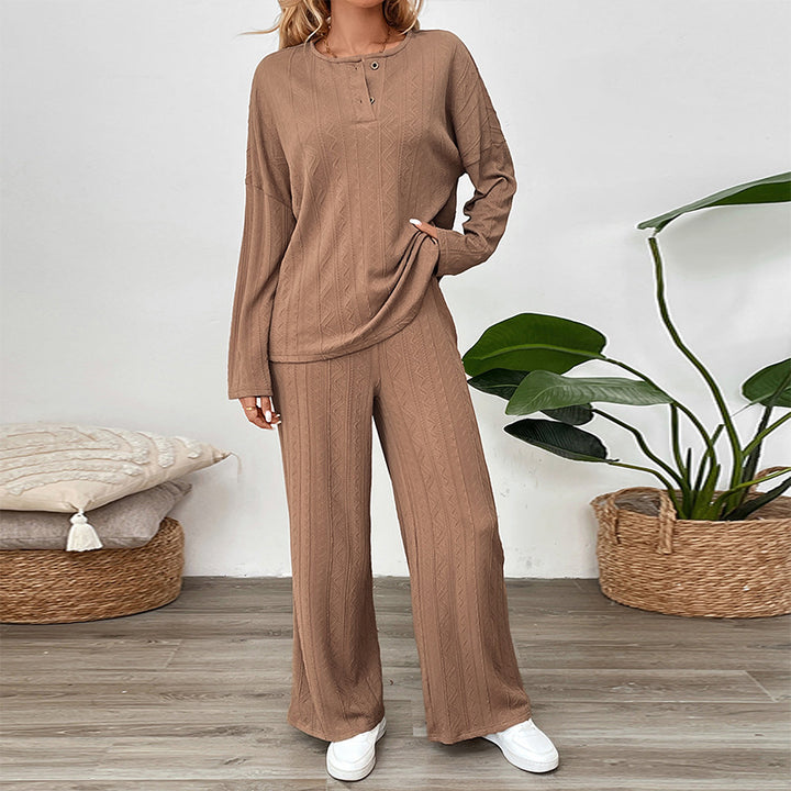 Women's Two-Piece Knit Loungewear Set with Wide-Leg Pants and Henley Top Mune Fashion