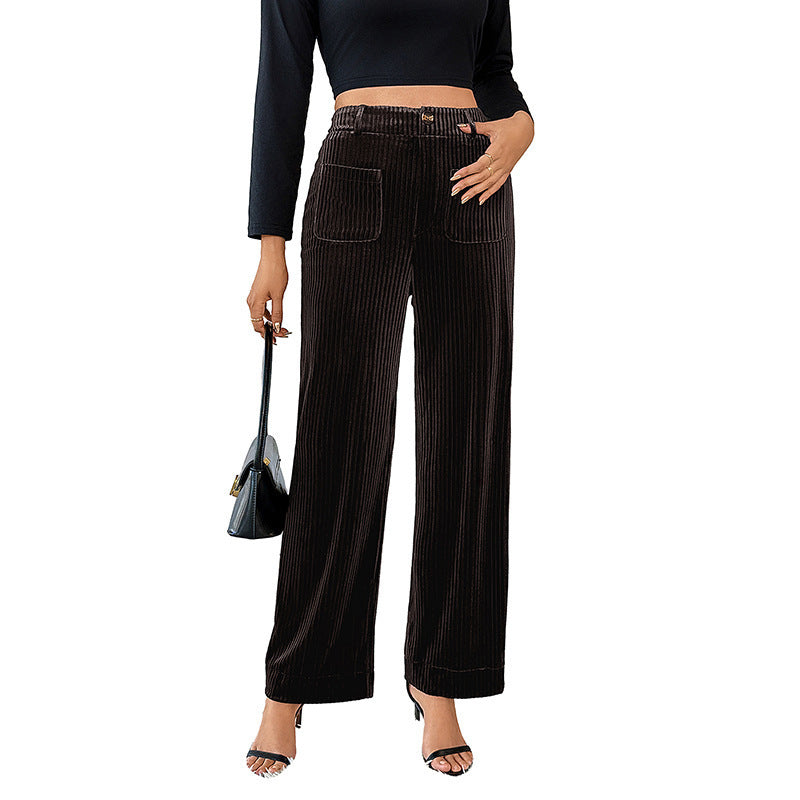 Women's Wide Velvet Cord Pants with High Waist, Elastic Waistband and Side Pockets Mune Fashion
