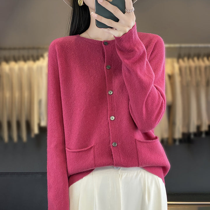 Women's Long Fine Knit Cardigan with Round Neck, In-seam Pockets and Alpaca Mix Mune Fashion