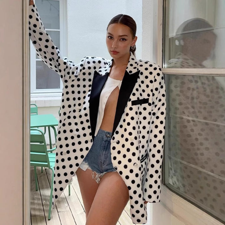 Women's Oversized Polka Dot Blazer with Contrasting Lapels and Boxy Silhouette Mune Fashion