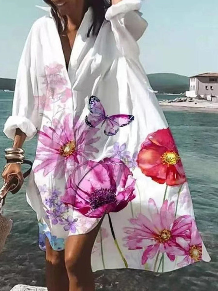 Women's airy beach dress kaftan with tropical leaf print and wide cut Mune Fashion