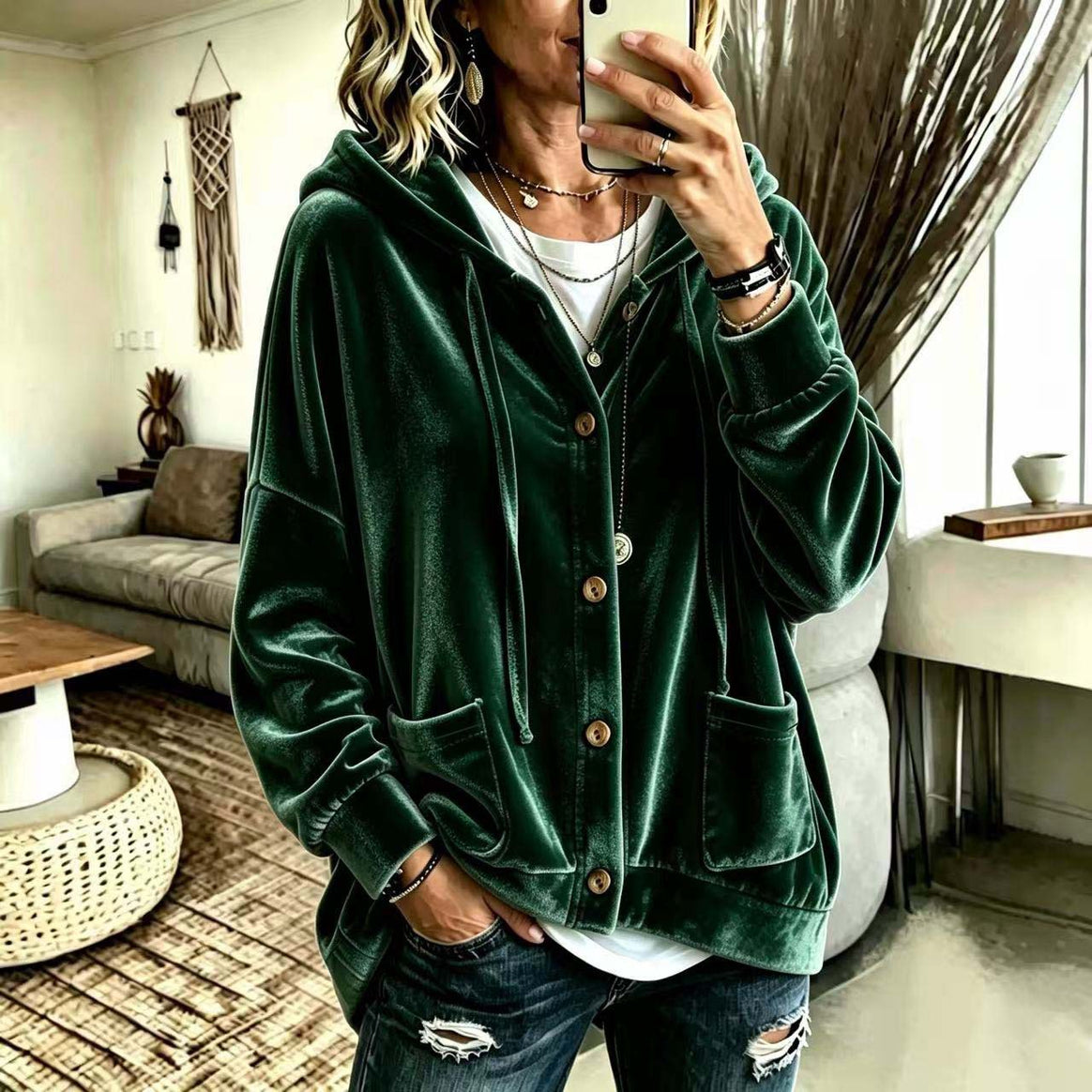 Women's Oversized Hooded Velvet Jacket with Button Placket and Patch Pockets Mune Fashion