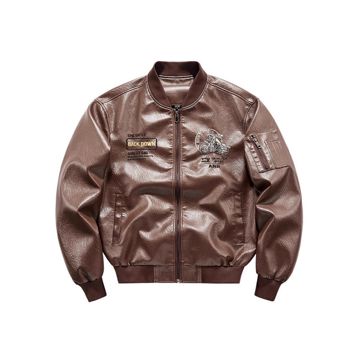 Men's Biker Leather Look Bomber Jacket with Embroidery Patches and Arm Pocket Mune Fashion