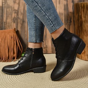 Women's ankle-high lace-up ankle boots with side zipper and low block heel Mune Fashion