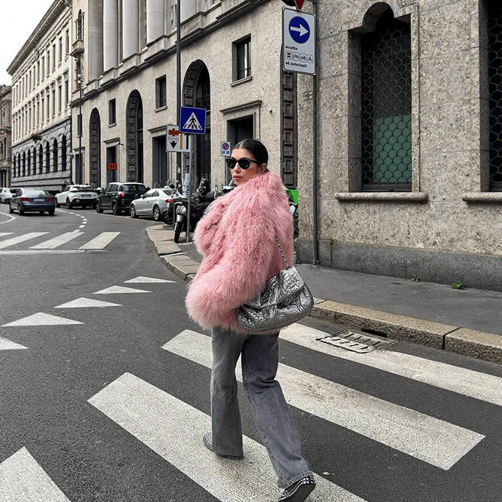 Women Short Cut Shaggy Faux Fur Coat with voluminous Shawl Collar and Oversized Silhouette Mune Fashion