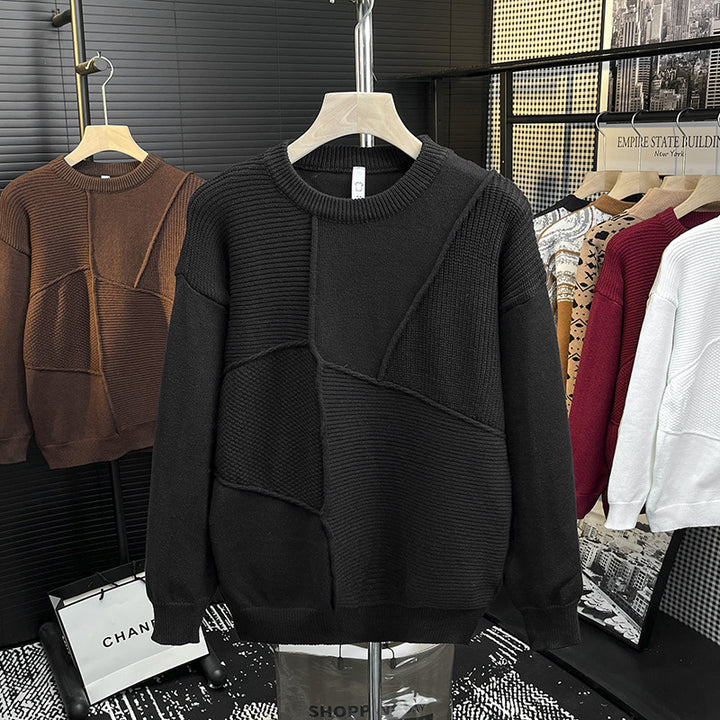 Men's Structured Patchwork Knit Sweater with Crew Neck and Ribbed Inserts Mune Fashion