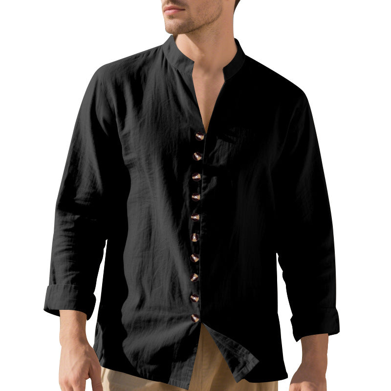Men's casual linen shirt with Mandarin collar, continuous decorative button placket and roll-up sleeves Mune Fashion