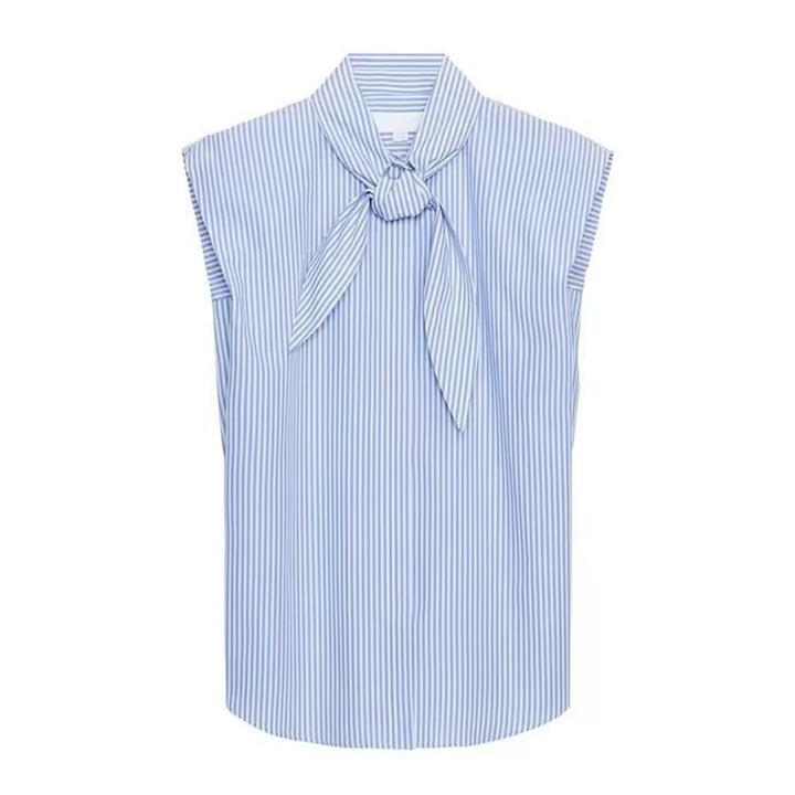 Women's Sleeveless Poplin Blouse with Bow Collar and Pinstripes Mune Fashion