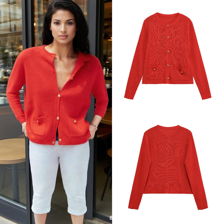 Women Fine Knit Cardigan with Decorative Buttons, Round Neckline and Patch Pockets Mune Fashion