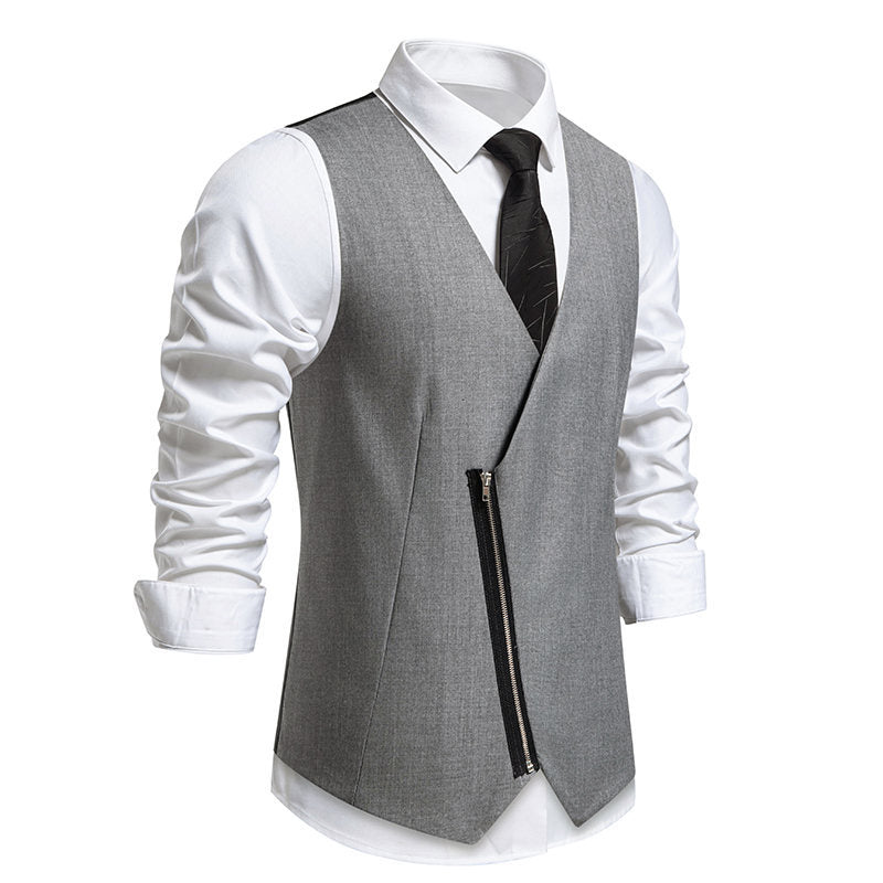 Men's Tailored Vest with Asymmetric Zipper and V-Neck Mune Fashion