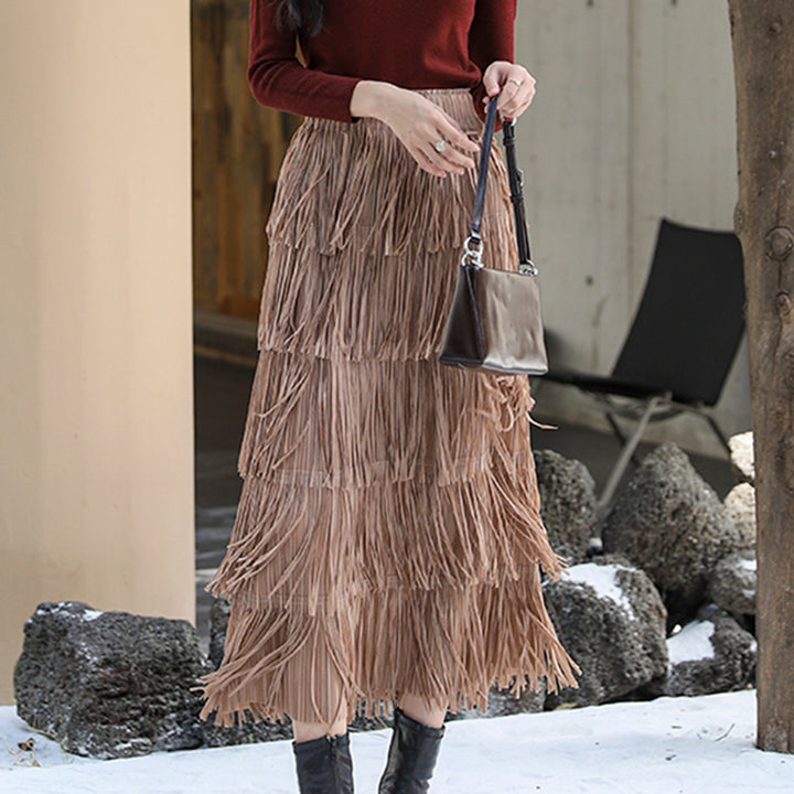 Women's tiered maxi fringed skirt with elastic comfort waistband and textured fringed layers Mune Fashion