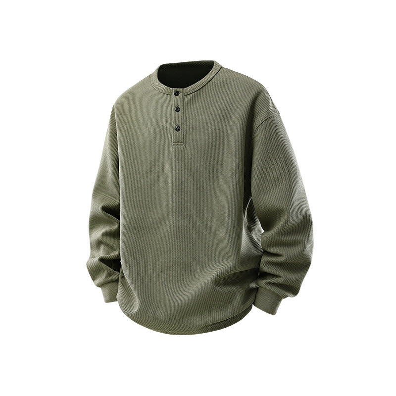 Men's waffle structure Henley thermal shirt with button placket and relaxed fit Drune