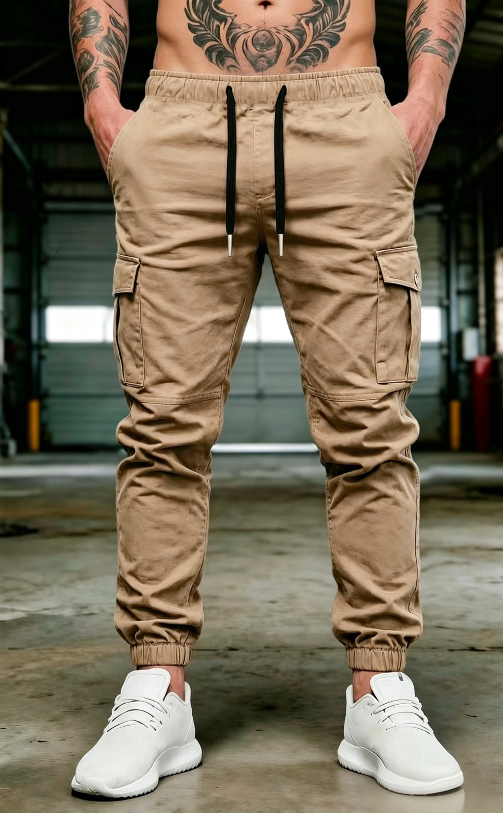 Men's Tapered Cargo Jogging Pants with Elastic Hem, Drawstring & Multifunctional Pockets Mune Fashion