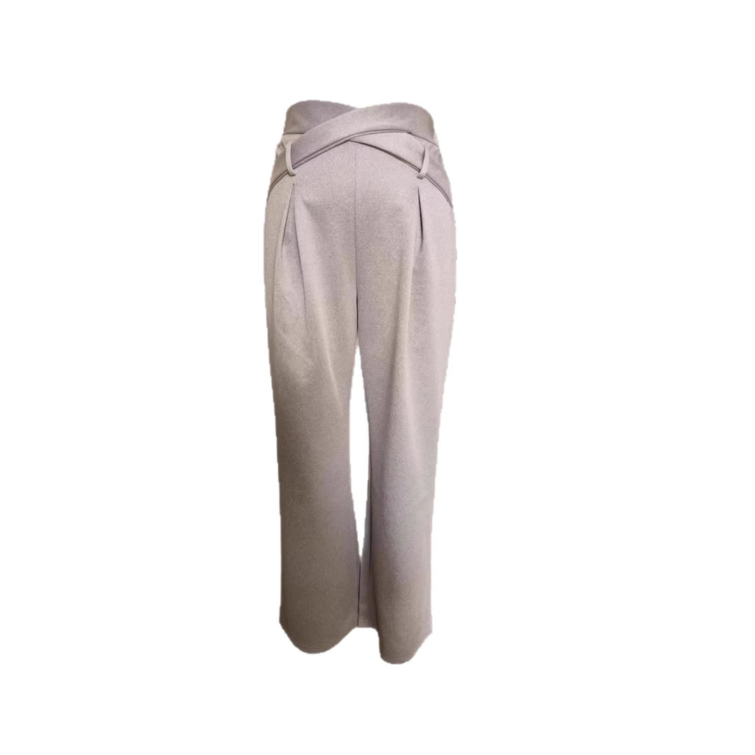 Women's Loose High-Waist Pants with Wrap Waistband, Decorative Belt and Waist Cut Drune