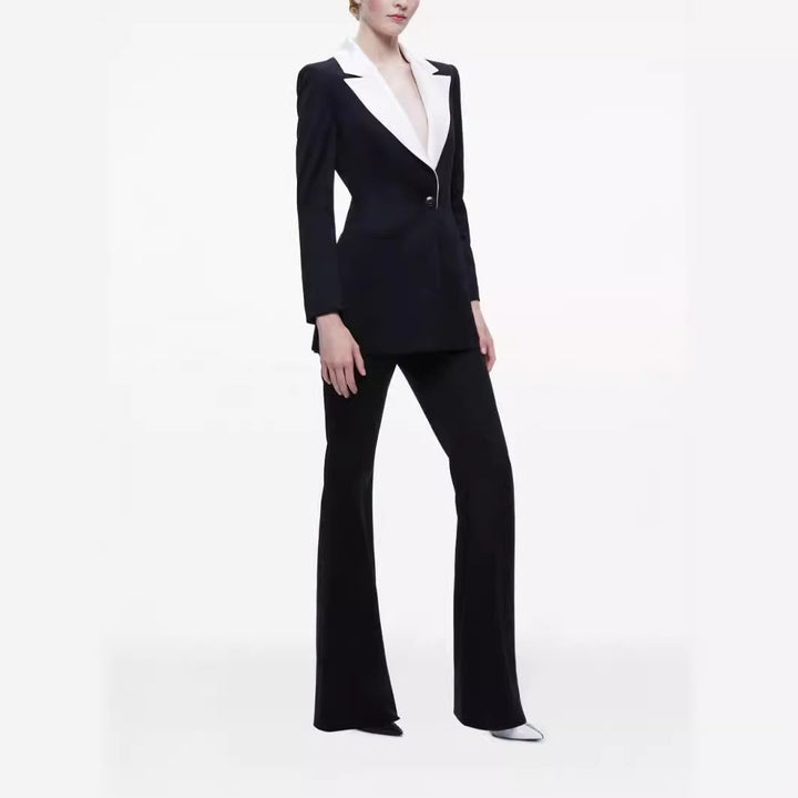 Ladies Elegant Two-Piece Tuxedo Set with Contrasting Shawl Collar and Flared Trouser Mune Fashion