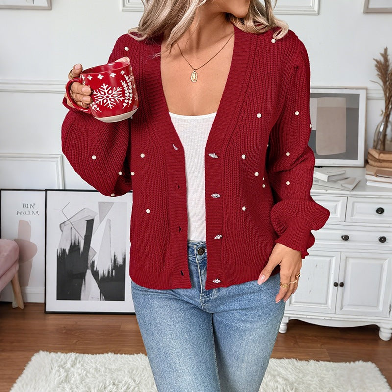 Women Pearl-Embellished Chunky Knit Cardigan with V-Neck Mune Fashion