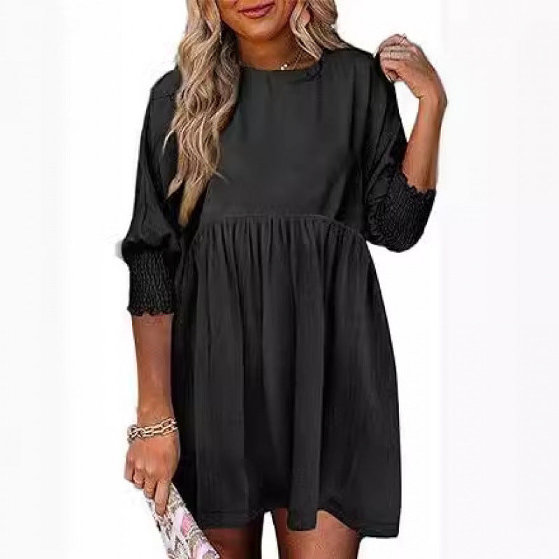 Women's Loose Babydoll Dress with Balloon Sleeves and Gathered Waist Mune Fashion