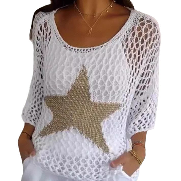 Women's oversized crocheted pullover with star appliqué and 3/4 sleeves Mune Fashion