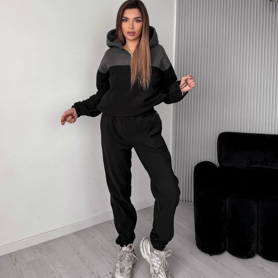 Women Two-Piece Color Block Loungewear Set with Half Zipper and Slim Jogging Pants Mune Fashion