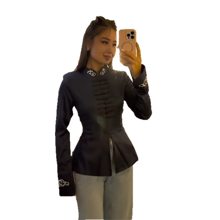 Women tailored satin jacket with mandarin collar, decorative cord closures and embroidered cuffs Mune Fashion