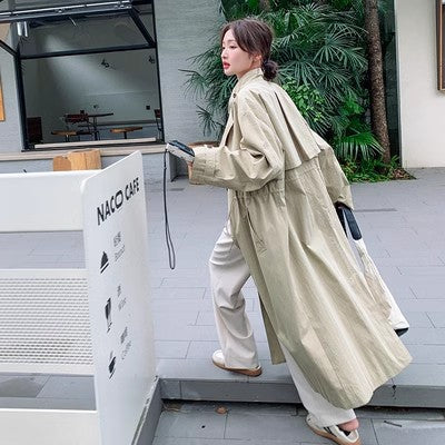 Women Oversize Trench Coat with Cape Back, Drawstring Waist and Wide Sleeves Mune Fashion